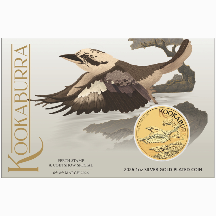 Australia_Perth_Mint_2026_Kookaburra_Perth_Coin_and_Stamp_Show_Special_Edition_$1_1_Troy_Oz_Pure_Gilded_Silver_BU_in_Card