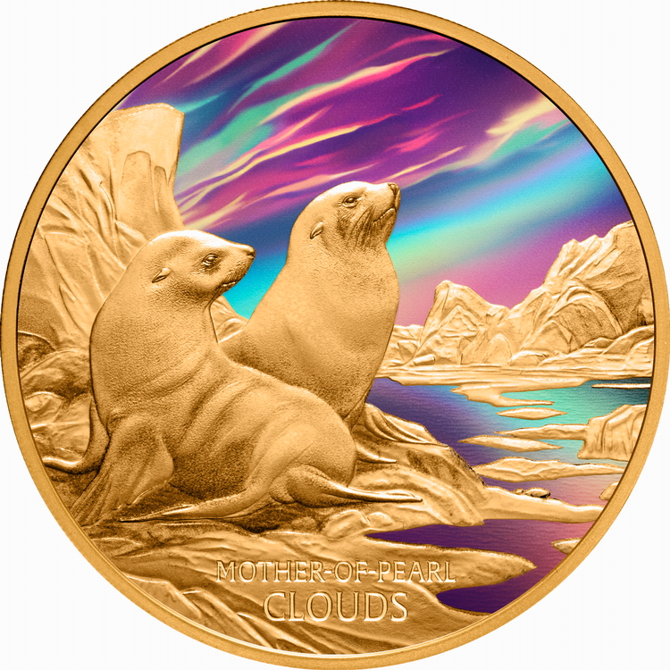 Niue_2025_Mother_of_Pearl_Nacreous_Clouds_and_Fur_Seals_$100_1_Troy_Ounce_Pure_Gold_Proof_with_Color_MINTAGE_99 Niue_2025_Mother_of_Pearl_Nacreous_Clouds_and_Fur_Seals_$100_1_Troy_Ounce_Pure_Gold_Proof_with_Color_MINTAGE_99