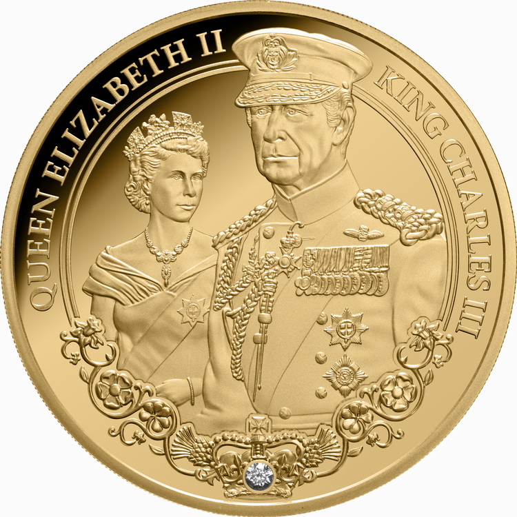 Niue_2025_Portraits_of_Power_1_QEII_Queen_Elizabeth_II_and_KCIII_King_Charles_III_$100_1_Troy_Oz_Pure_Gold_Proof_with_Diamond_MINTAGE_99 Niue_2025_Portraits_of_Power_1_QEII_Queen_Elizabeth_II_and_KCIII_King_Charles_III_$100_1_Troy_Oz_Pure_Gold_Proof_with_Diamond_MINTAGE_99