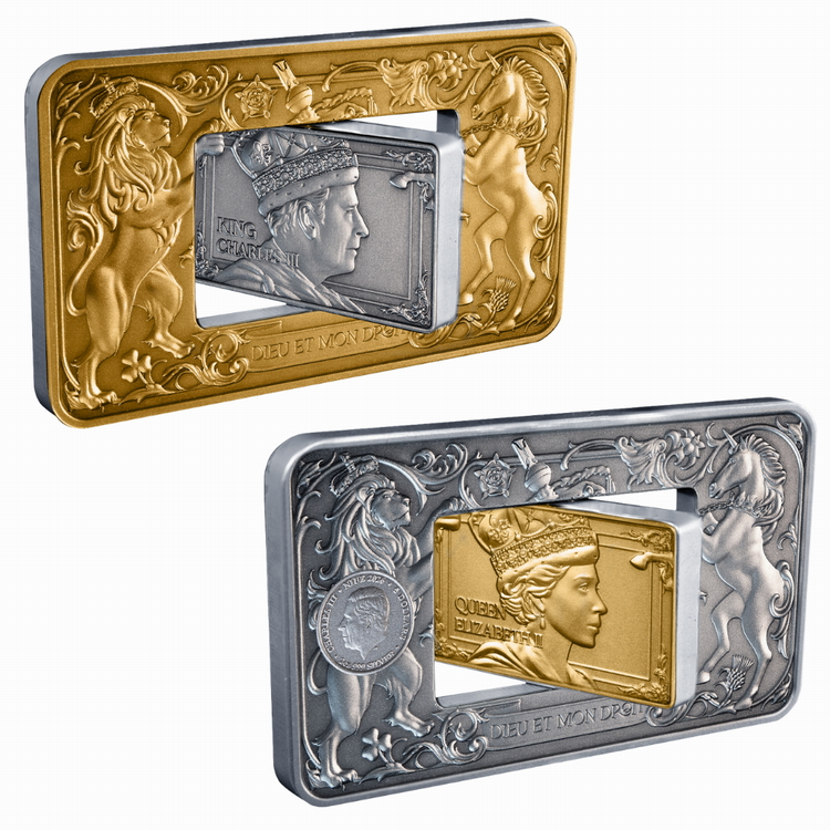 Niue_2026_Queen_Elizabeth_II_and_King_Charles_III_$5_2_Troy_Oz_Pure_Gilded_Antiqued_Silver_Revolving_Central_Panel_Rotating_Rectangular_Medallic_Plaque_Coin_with_24-Karat_Gold_Plating_MINTAGE_300 Niue_2026_Queen_Elizabeth_II_and_King_Charles_III_$5_2_Troy_Oz_Pure_Gilded_Antiqued_Silver_Revolving_Central_Panel_Rotating_Rectangular_Medallic_Plaque_Coin_with_24-Karat_Gold_Plating_MINTAGE_300