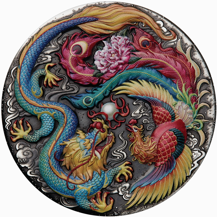 Tuvalu_2024_Dragon_and_Phoenix_$5_5_Troy_Ounce_Pure_Silver_Medallic_Ultra_High_Relief_Antiqued_Piedfort_with_Color_MINTAGE_388 Tuvalu_2024_Dragon_and_Phoenix_$5_5_Troy_Ounce_Pure_Silver_Medallic_Ultra_High_Relief_Antiqued_Piedfort_with_Color_MINTAGE_388