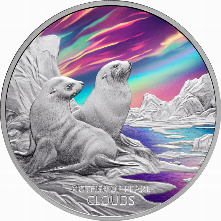 Tuvalu_2025_Mother_of_Pearl_Nacreous_Clouds_and_Fur_Seals_$1_1_Troy_Ounce_Pure_Silver_Proof_with_Metallic_Color_from_the_Perth_Mint Tuvalu_2025_Mother_of_Pearl_Nacreous_Clouds_and_Fur_Seals_$1_1_Troy_Ounce_Pure_Silver_Proof_with_Metallic_Color_from_the_Perth_Mint